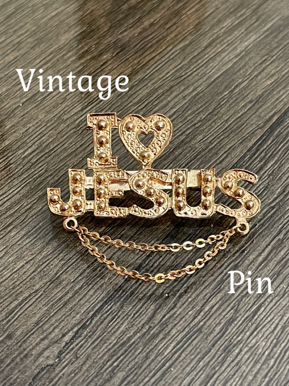 Vintage “I Love Jesus” Gold-tone Pin with Dangling Chains